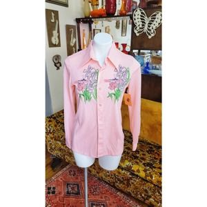 S vintage 1970s pink screenprinted button up
